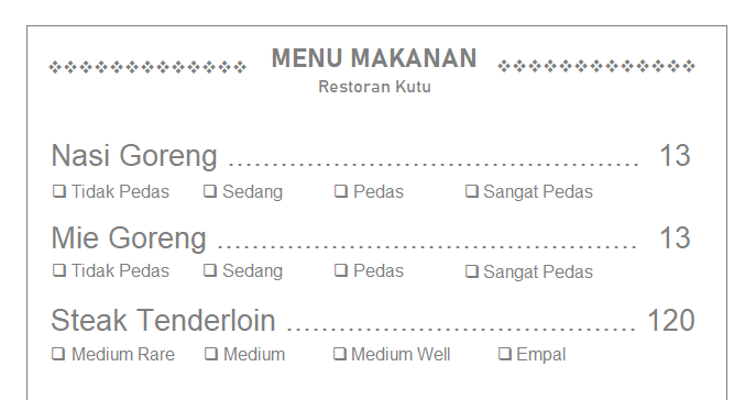 Contoh menu makanan di restoran